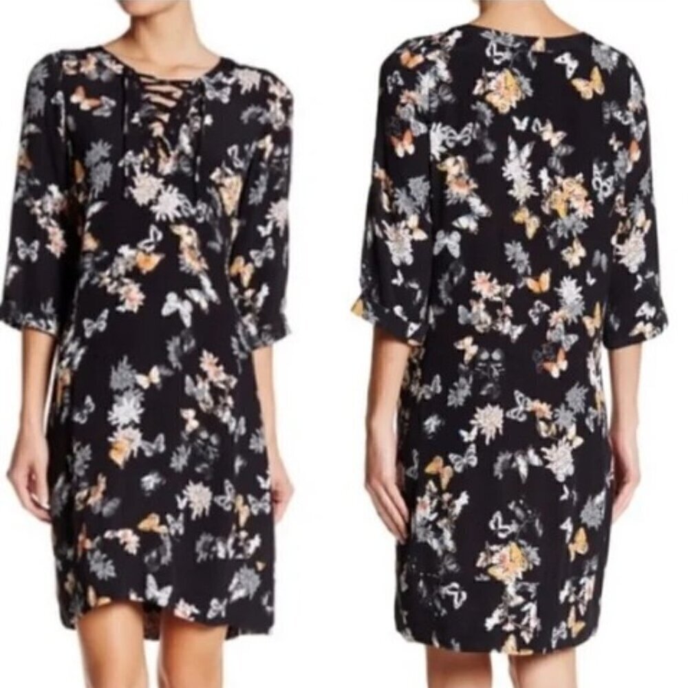 The Kooples Flower and Butterfly Print Shift Lace Up Front Dress Size 4